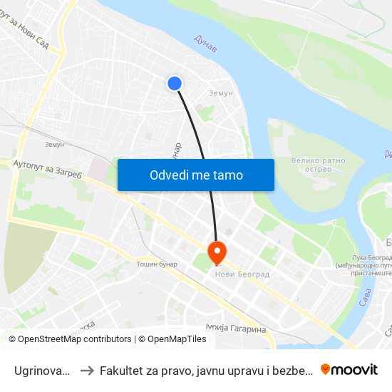 Ugrinovačka to Fakultet za pravo, javnu upravu i bezbednost map