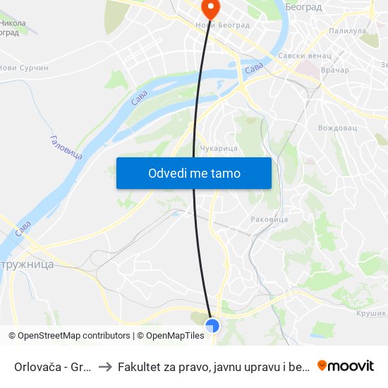 Orlovača - Groblje to Fakultet za pravo, javnu upravu i bezbednost map