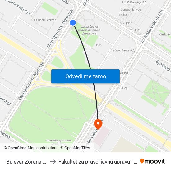 Bulevar Zorana Đinđića to Fakultet za pravo, javnu upravu i bezbednost map