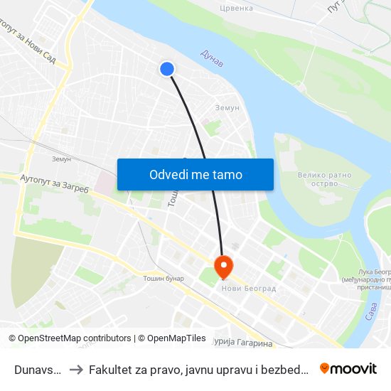 Dunavska to Fakultet za pravo, javnu upravu i bezbednost map