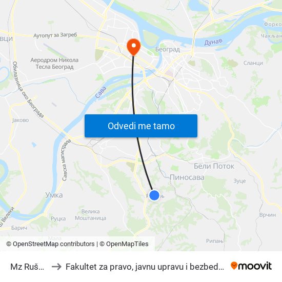 Mz Rušanj to Fakultet za pravo, javnu upravu i bezbednost map