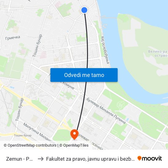 Zemun - Pošta to Fakultet za pravo, javnu upravu i bezbednost map