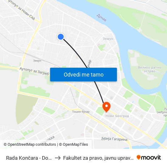 Rada Končara - Dom Zdravlja to Fakultet za pravo, javnu upravu i bezbednost map