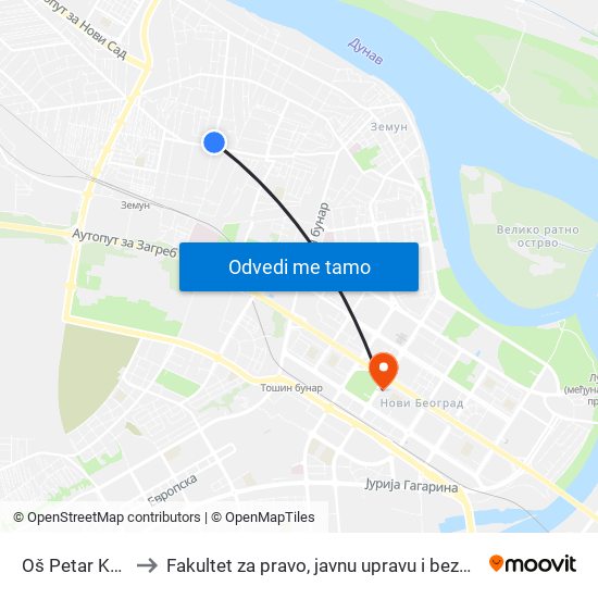 Oš Petar Kočić to Fakultet za pravo, javnu upravu i bezbednost map