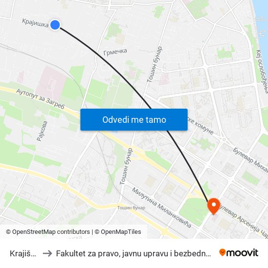 Krajiška to Fakultet za pravo, javnu upravu i bezbednost map