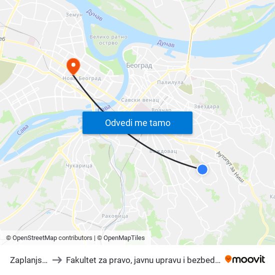 Zaplanjska to Fakultet za pravo, javnu upravu i bezbednost map