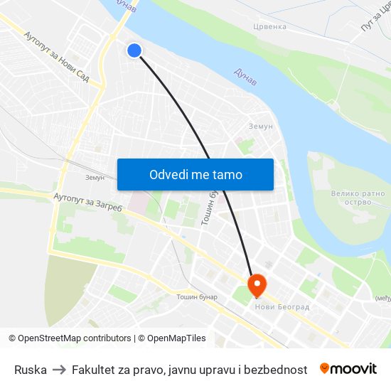 Ruska to Fakultet za pravo, javnu upravu i bezbednost map