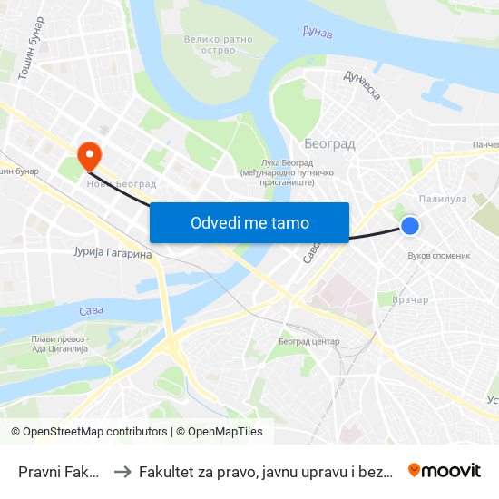 Pravni Fakultet to Fakultet za pravo, javnu upravu i bezbednost map