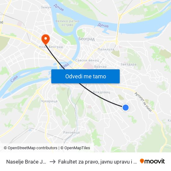 Naselje Braće Jerković to Fakultet za pravo, javnu upravu i bezbednost map