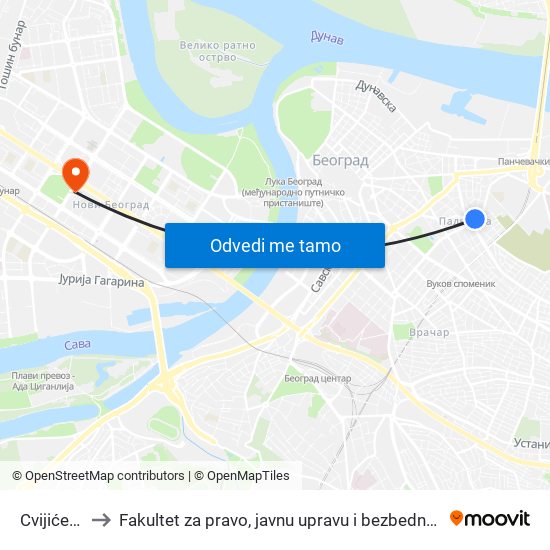 Cvijićeva to Fakultet za pravo, javnu upravu i bezbednost map