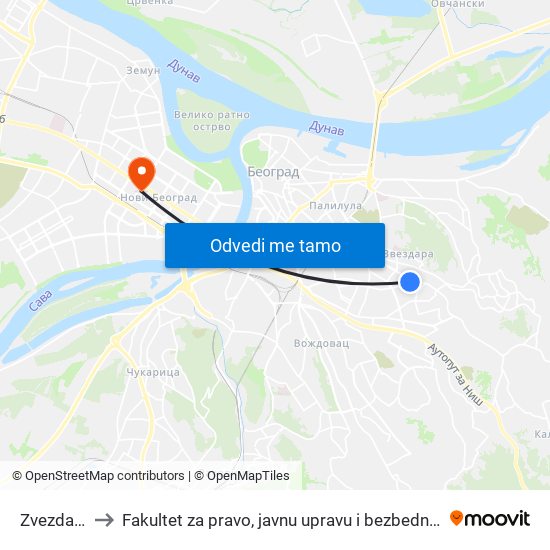 Zvezdara to Fakultet za pravo, javnu upravu i bezbednost map