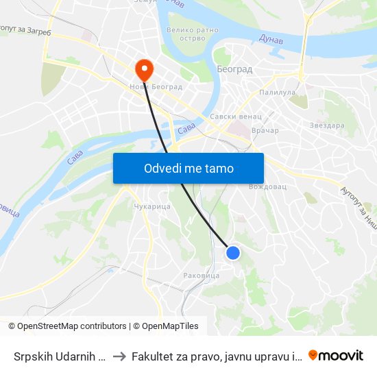 Srpskih Udarnih Brigada to Fakultet za pravo, javnu upravu i bezbednost map