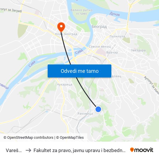 Vareška to Fakultet za pravo, javnu upravu i bezbednost map