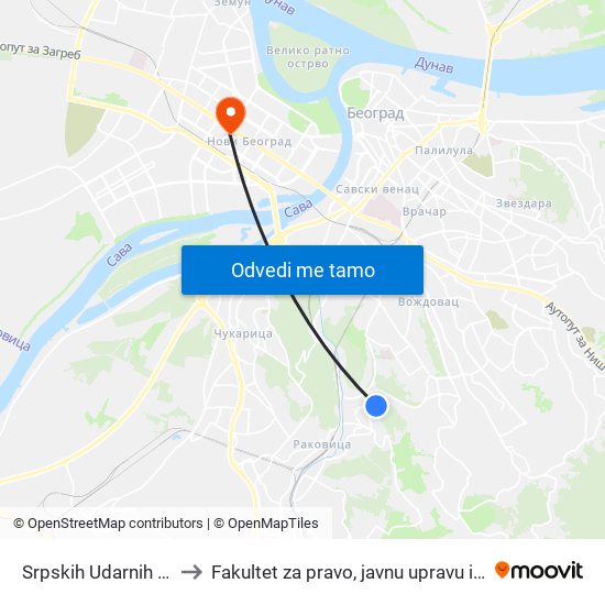 Srpskih Udarnih Brigada to Fakultet za pravo, javnu upravu i bezbednost map