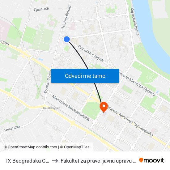 IX Beogradska Gimnazija to Fakultet za pravo, javnu upravu i bezbednost map