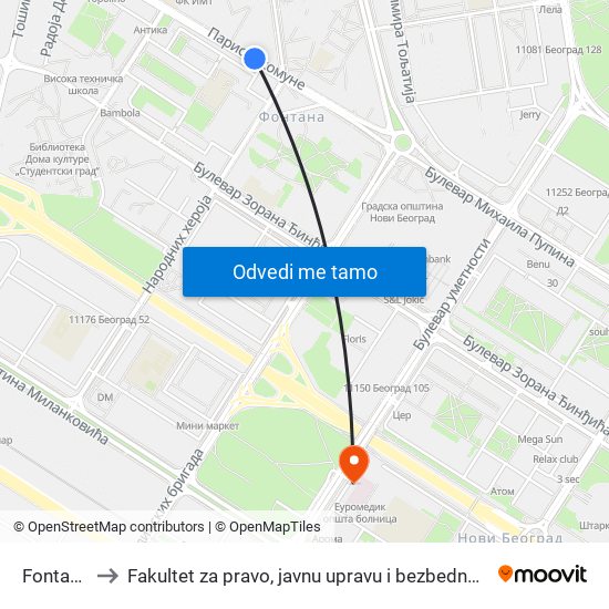 Fontana to Fakultet za pravo, javnu upravu i bezbednost map