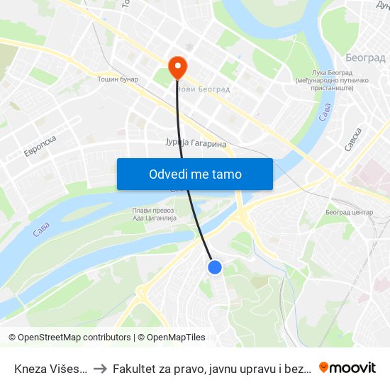 Kneza Višeslava to Fakultet za pravo, javnu upravu i bezbednost map