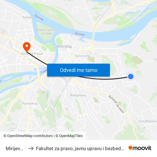 Mirijevo 3 to Fakultet za pravo, javnu upravu i bezbednost map