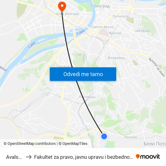 Avalska to Fakultet za pravo, javnu upravu i bezbednost map