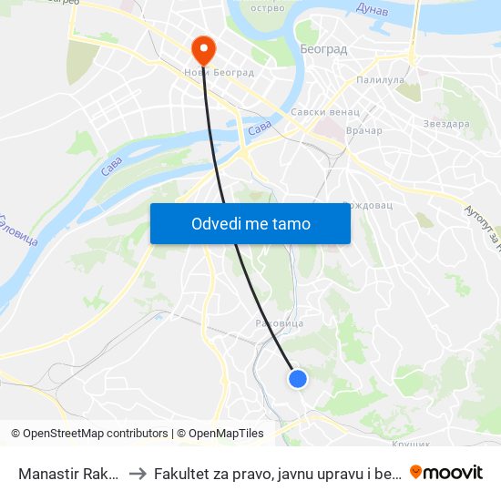 Manastir Rakovica to Fakultet za pravo, javnu upravu i bezbednost map