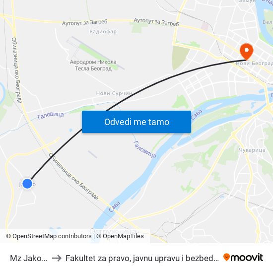 Mz Jakovo to Fakultet za pravo, javnu upravu i bezbednost map