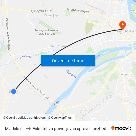 Mz Jakovo to Fakultet za pravo, javnu upravu i bezbednost map