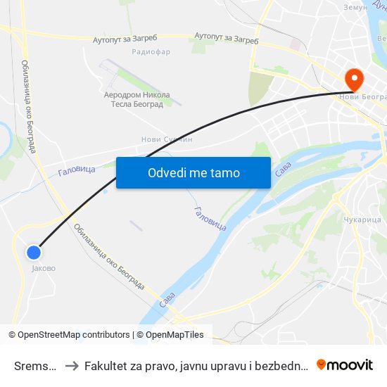 Sremska to Fakultet za pravo, javnu upravu i bezbednost map