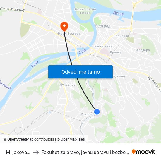 Miljakovac 1 to Fakultet za pravo, javnu upravu i bezbednost map