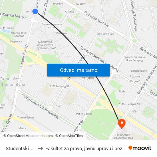 Studentski Grad to Fakultet za pravo, javnu upravu i bezbednost map