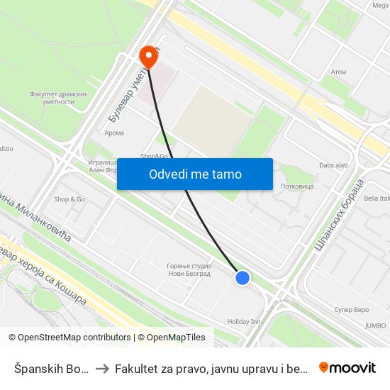 Španskih Boraca to Fakultet za pravo, javnu upravu i bezbednost map