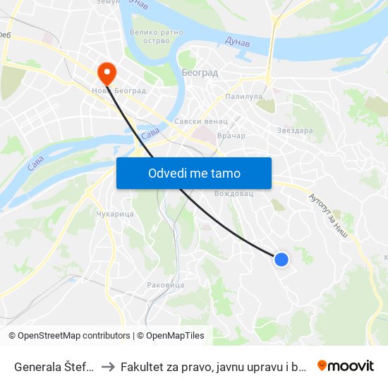 Generala Štefanika to Fakultet za pravo, javnu upravu i bezbednost map