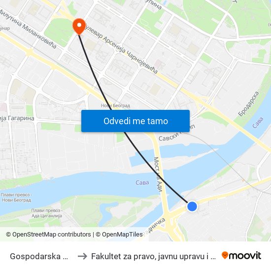 Gospodarska Mehana to Fakultet za pravo, javnu upravu i bezbednost map