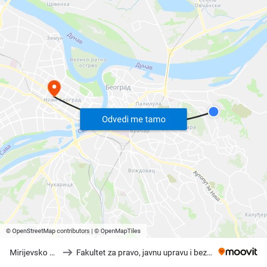 Mirijevsko Brdo to Fakultet za pravo, javnu upravu i bezbednost map