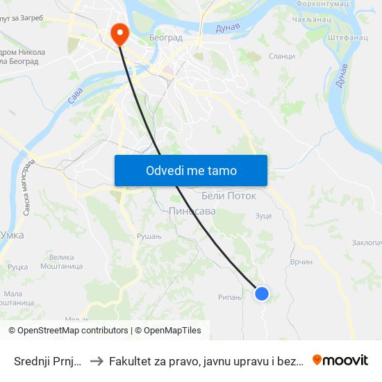 Srednji Prnjavor to Fakultet za pravo, javnu upravu i bezbednost map