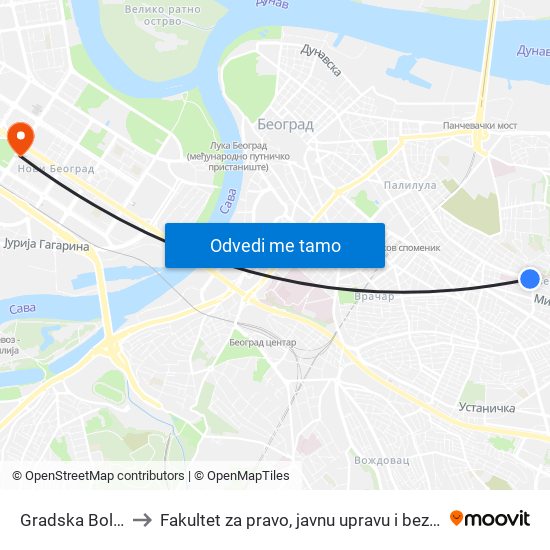 Gradska Bolnica to Fakultet za pravo, javnu upravu i bezbednost map