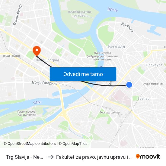 Trg Slavija - Nemanjina to Fakultet za pravo, javnu upravu i bezbednost map