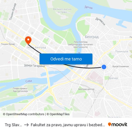 Trg Slavija to Fakultet za pravo, javnu upravu i bezbednost map