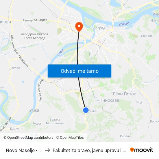 Novo Naselje - Rušanj to Fakultet za pravo, javnu upravu i bezbednost map