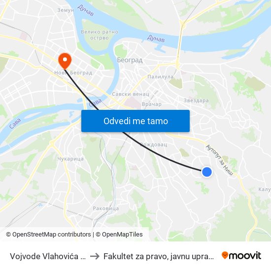 Vojvode Vlahovića - Terminus to Fakultet za pravo, javnu upravu i bezbednost map