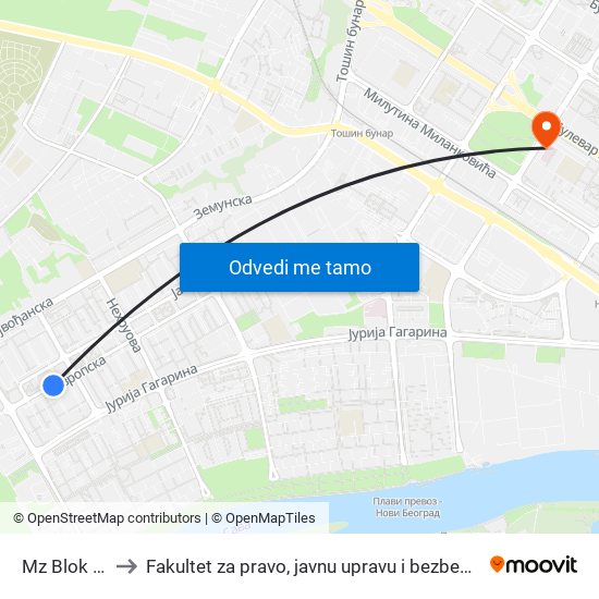 Mz Blok 61 to Fakultet za pravo, javnu upravu i bezbednost map