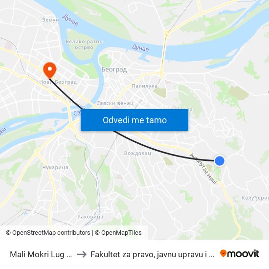 Mali Mokri Lug - Crkva to Fakultet za pravo, javnu upravu i bezbednost map