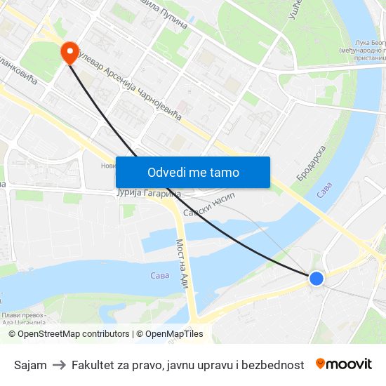 Sajam to Fakultet za pravo, javnu upravu i bezbednost map