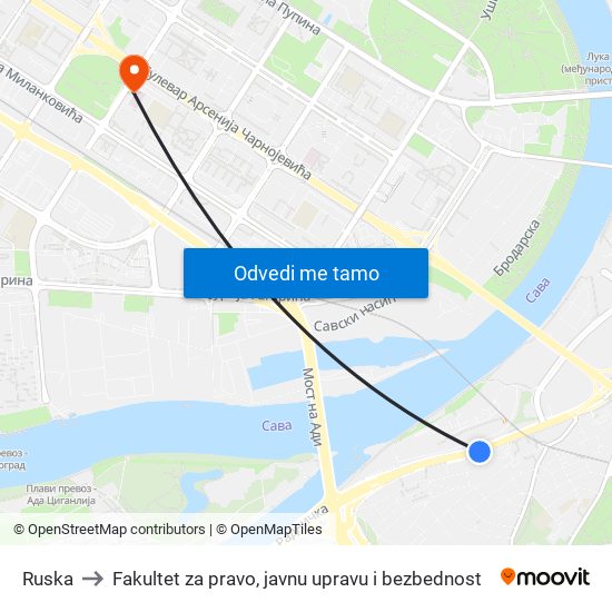 Ruska to Fakultet za pravo, javnu upravu i bezbednost map