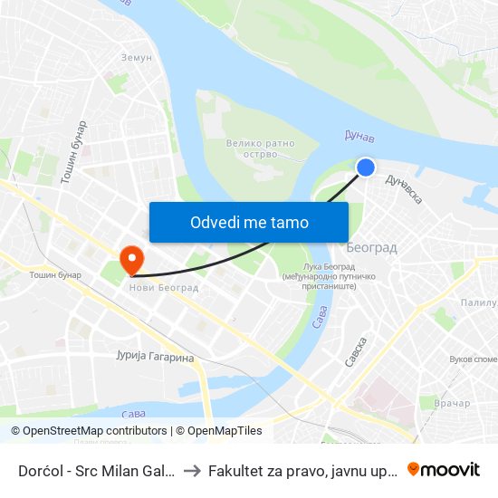 Dorćol - Src Milan Gale Muškatirović to Fakultet za pravo, javnu upravu i bezbednost map