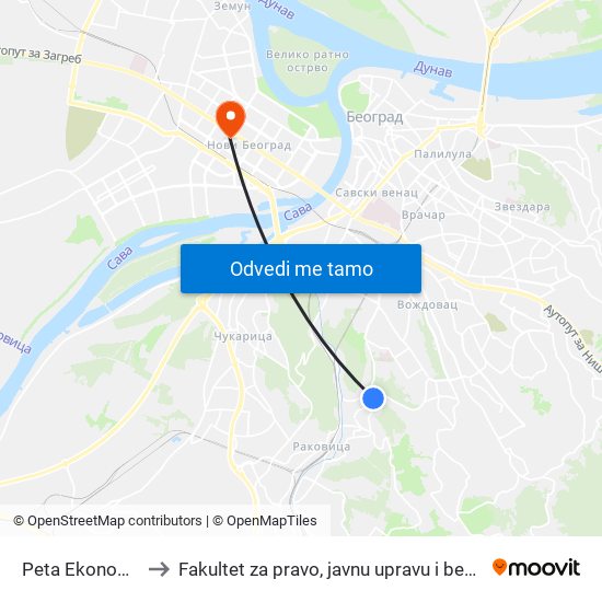 Peta Ekonomska to Fakultet za pravo, javnu upravu i bezbednost map