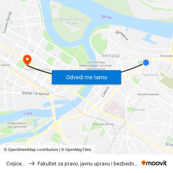 Cvijićeva to Fakultet za pravo, javnu upravu i bezbednost map