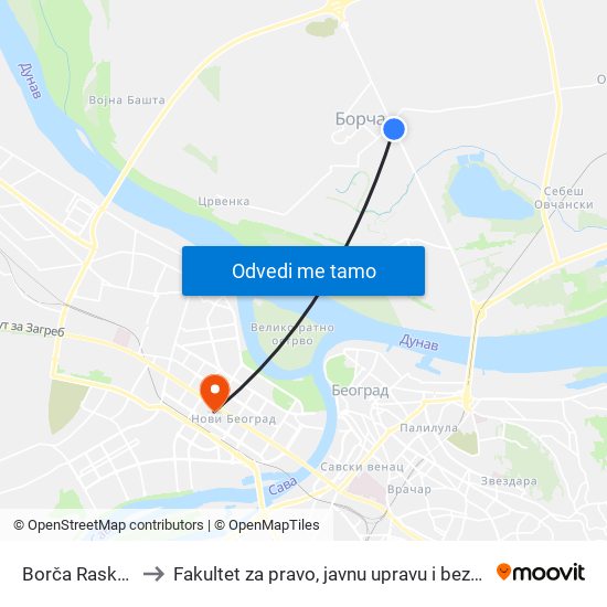 Borča Raskršće to Fakultet za pravo, javnu upravu i bezbednost map