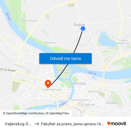 Valjevskog Odreda to Fakultet za pravo, javnu upravu i bezbednost map