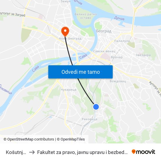 Košutnjak to Fakultet za pravo, javnu upravu i bezbednost map