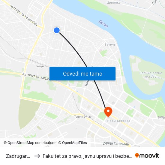 Zadrugarska to Fakultet za pravo, javnu upravu i bezbednost map